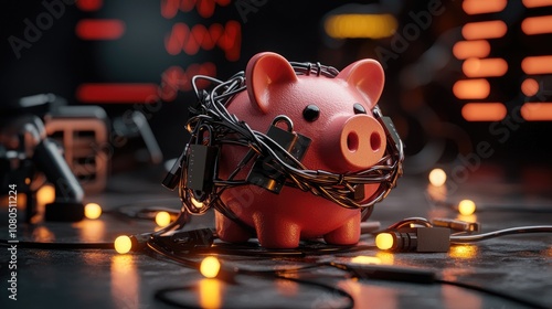 A piggy bank entangled in wires and surrounded by glowing lights, symbolizing financial constraints or the complexities of modern saving.