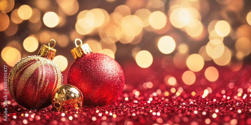 Luxurious red and gold Christmas backdrop with sparkling lights for festive celebrations Luxurious red and gold Christmas backdrop with sparkling lights for festive celebrations