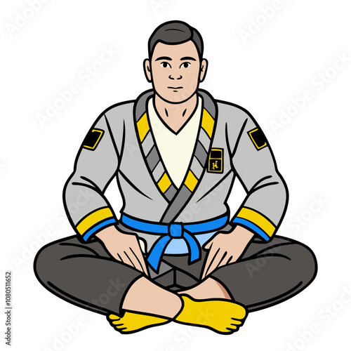 Martial Artist in Seiza: A serene illustration of a martial artist in a gray and yellow gi, sitting in the traditional seiza position. The image exudes calmness and focus.