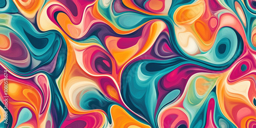 Vibrant seamless abstract fluid background with swirling colors and geometric accents