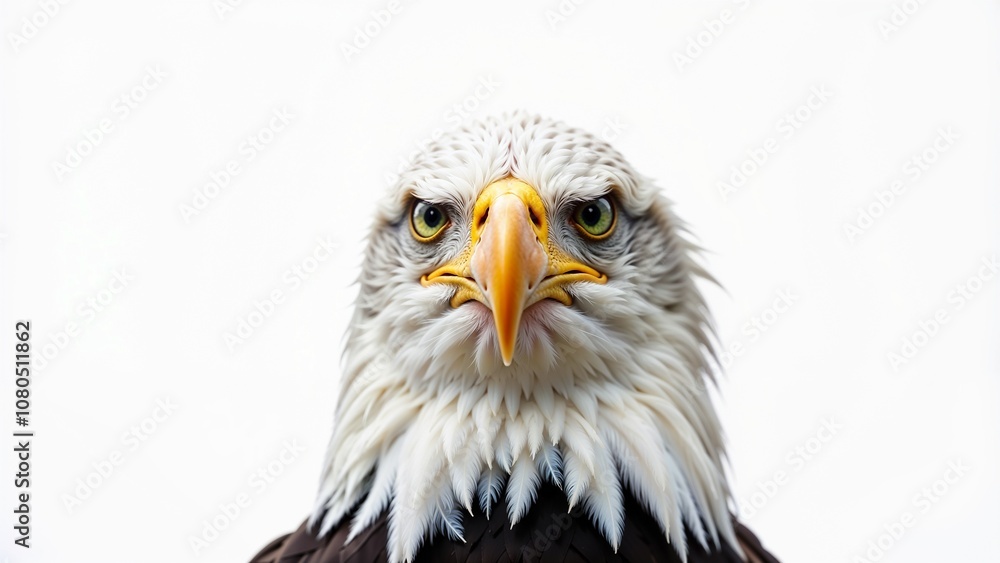A majestic bald eagle stares intensely into the distance, showcasing its striking features against a minimalist white background A majestic bald eagle stares intensely into the distance, showcasing its striking features against a minimalist white background