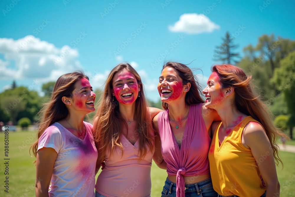 Holi Festival,Vibrant item with young friends celebrating Holi and outdoor setting, item-lively and friends-four Holi Festival,Vibrant item with young friends celebrating Holi and outdoor setting, item-lively and friends-four