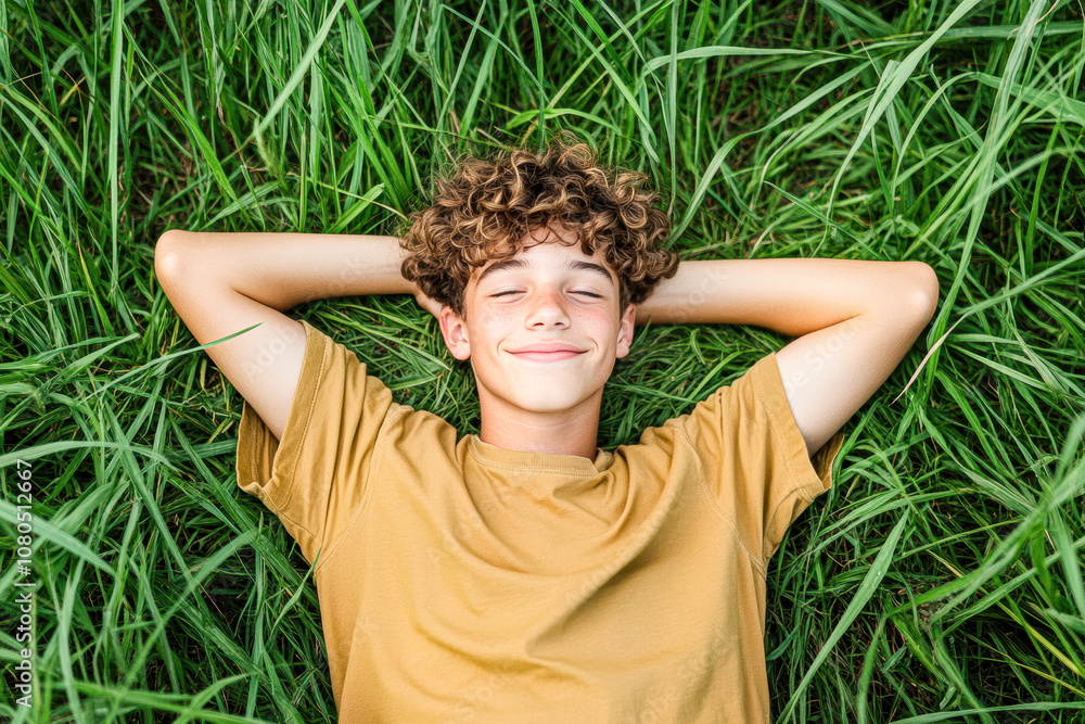Young Boy Enjoys a Peaceful Moment Lying in the Grass Under the Sunlight Young Boy Enjoys a Peaceful Moment Lying in the Grass Under the Sunlight
