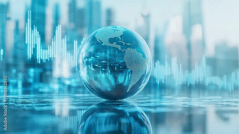 A radiant digital representation of a global sphere, surrounded by dynamic data bars in a modern cityscape, emphasizing the fusion of economy and technology. A radiant digital representation of a global sphere, surrounded by dynamic data bars in a modern cityscape, emphasizing the fusion of economy and technology.