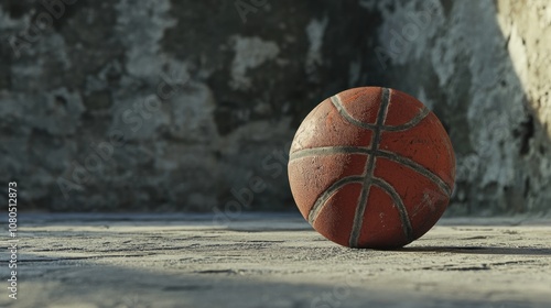 A basketball resting on a textured surface.