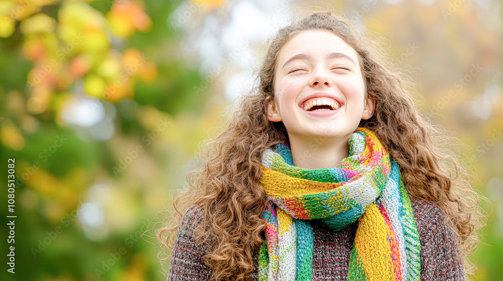 Joyful Young Woman Smiling Brightly in a Colorful Scarf Surrounded by Autumn Foliage Joyful Young Woman Smiling Brightly in a Colorful Scarf Surrounded by Autumn Foliage
