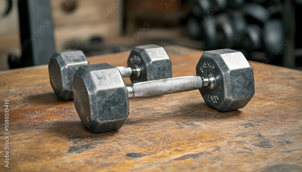Close-up of dumbbells on a blurred background in a gym, close-up of one or two metal weights with copy space for text, and focus on the foreground object. Close-up of dumbbells on a blurred background in a gym, close-up of one or two metal weights with copy space for text, and focus on the foreground object.