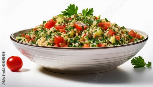 a bowl of tabbouleh salad with parsley and tomatoes isolated on a white background showcasing a refreshing mediterranean dish