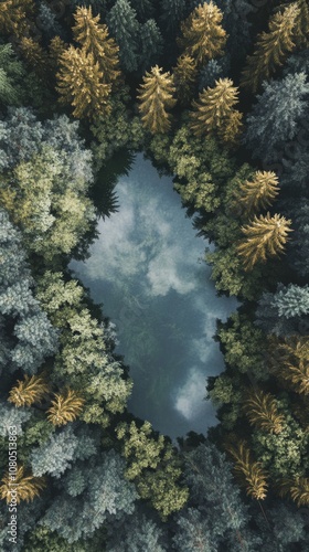 Stunning aerial shot of a tranquil forest lake encircled by vibrant green and golden trees, reflecting the sky above.