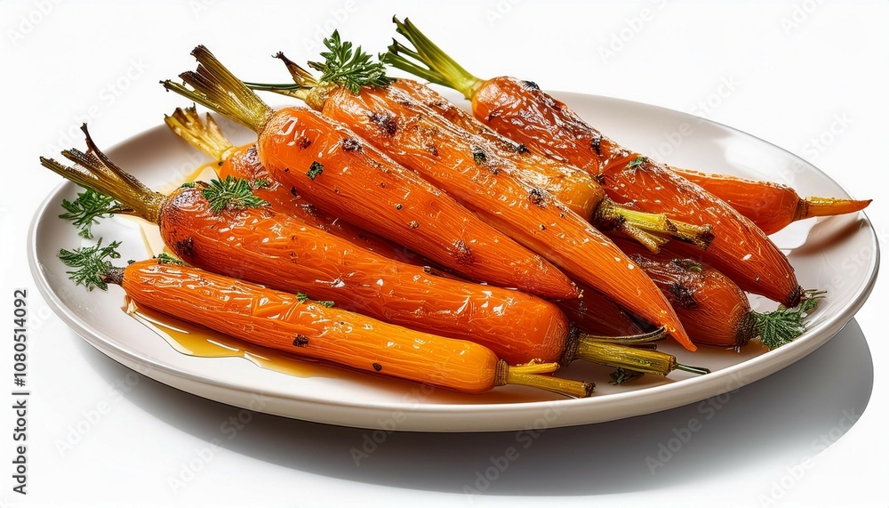 a plate of honey glazed roasted carrots isolated on a white background highlighting a sweet and savory vegetable dish a plate of honey glazed roasted carrots isolated on a white background highlighting a sweet and savory vegetable dish
