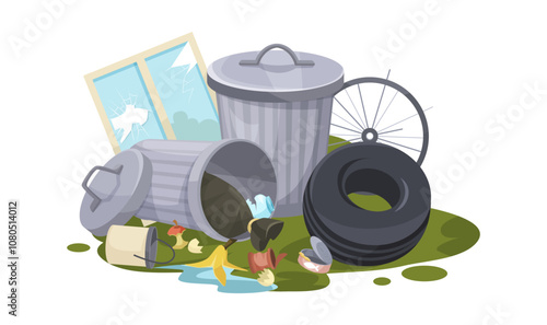 A scene featuring trash bins, tires, and litter on a green surface. Vector illustration