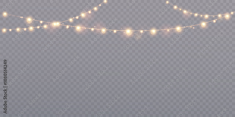 Fototapeta premium Christmas gold lights garland, bulbs on wire isolated on transparent background. For New Year and holiday decoration. 