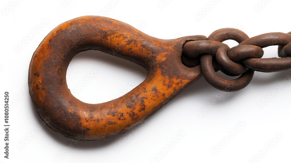 Obraz premium Close-up of a rusty metal chain link with a large, oval-shaped loop on a white background