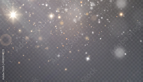 Glowing bokeh and glitter cloud effect with bright dust particles isolated on transparent background. Star cloud vector with glare and shine.	
