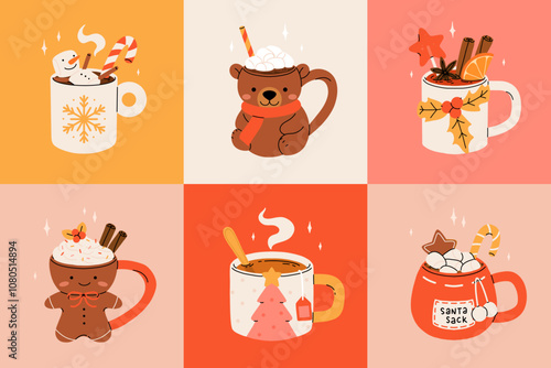 Christmas hot drink collection. Flat cartoon beverages. Holiday cute mugs with hot cocoa, coffee, and mulled wine. New year drinks decorated with sweets and candy. Isolated vector illustration