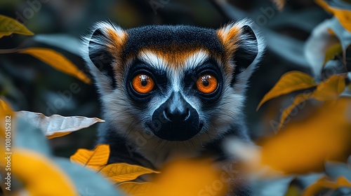 A lemur is staring at the camera with its eyes wide open. The image has a warm, natural feel to it, with the orange leaves and the lemur's fur creating a sense of harmony