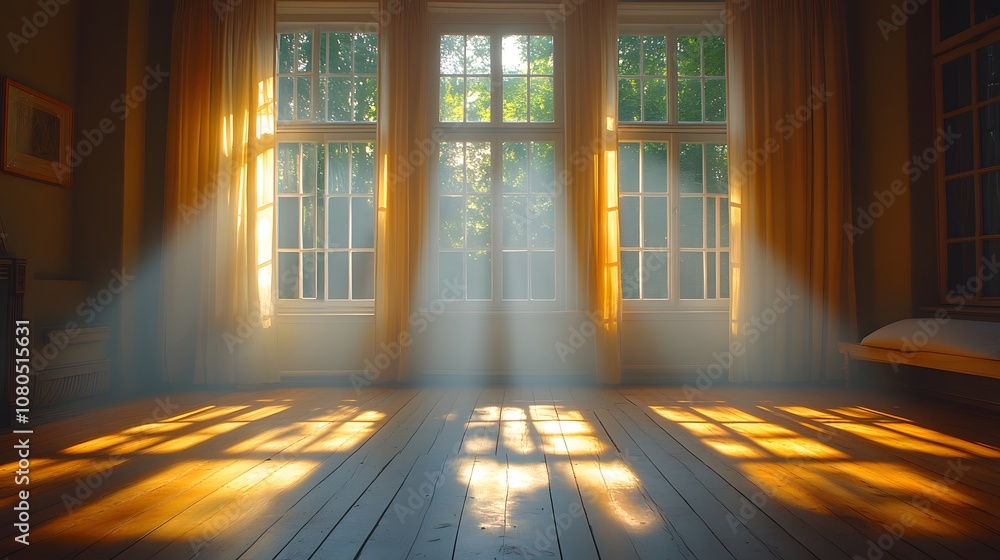 A room with three windows and a bed. The sun is shining through the windows, creating a warm and inviting atmosphere A room with three windows and a bed. The sun is shining through the windows, creating a warm and inviting atmosphere