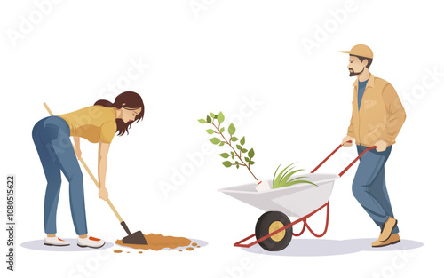 A woman digging soil and a man with a wheelbarrow, minimalist style, on a white background. Vector illustration