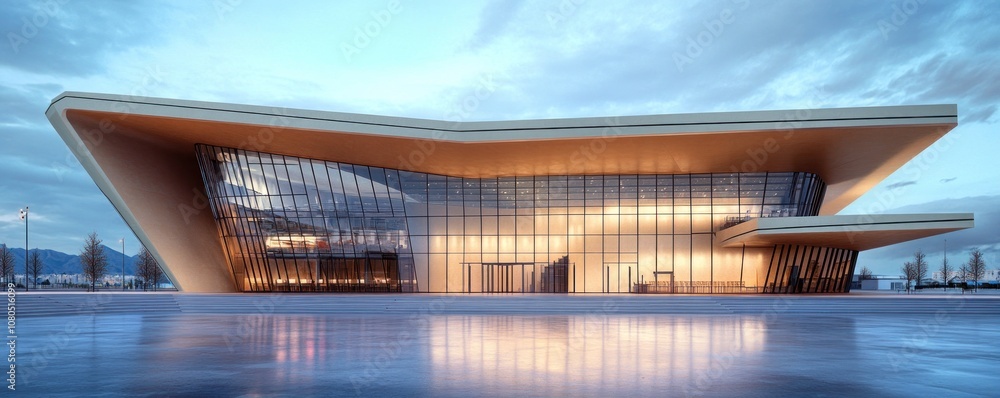 Modern architectural building with large glass windows and unique angular design. Modern architectural building with large glass windows and unique angular design.