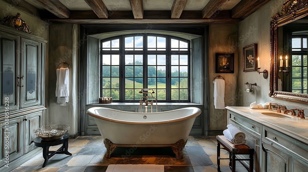 A luxurious bathroom featuring a freestanding tub and large windows overlooking a scenic landscape. A luxurious bathroom featuring a freestanding tub and large windows overlooking a scenic landscape.