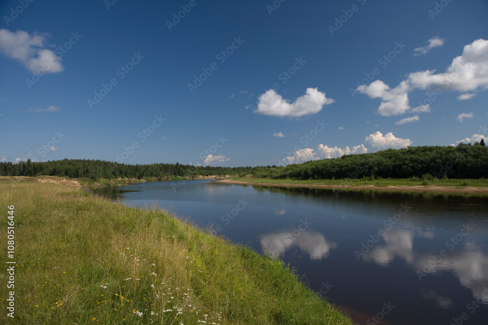 Russia Perm Krai landscape with river on a cloudy summer day Russia Perm Krai landscape with river on a cloudy summer day