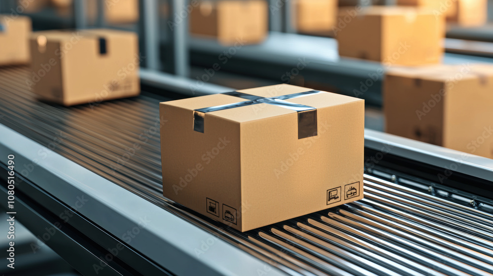 Conveyor Belt of Commerce: A single brown cardboard box glides along a conveyor belt, symbolizing the seamless flow of goods in a modern warehouse or distribution center. Conveyor Belt of Commerce: A single brown cardboard box glides along a conveyor belt, symbolizing the seamless flow of goods in a modern warehouse or distribution center.