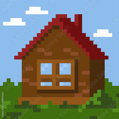 pixel house in summer illustration.