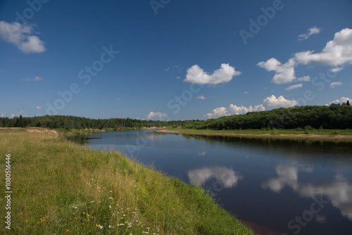 Russia Perm Krai landscape with river on a cloudy summer day