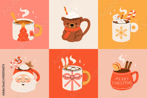 Christmas hot drink collection. Flat cartoon beverages. Holiday cute mugs with hot cocoa, coffee, and mulled wine. New year drinks decorated with sweets and candy. Isolated vector illustration