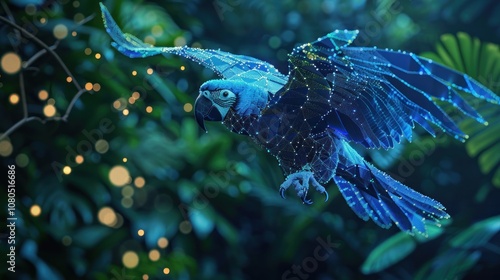 A digital blue macaw parrot flies in a jungle with glowing lights in the background.