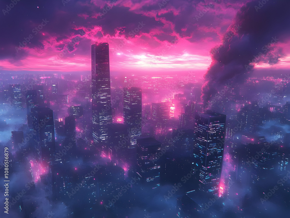 Fototapeta premium Illustration of Cityscape at Night with Pink and Purple Sky