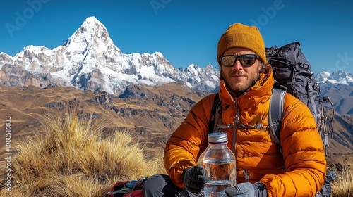 Adventurer hydrating with glass bottle mountain peak outdoor scene breathtaking landscape traveler's perspective photo