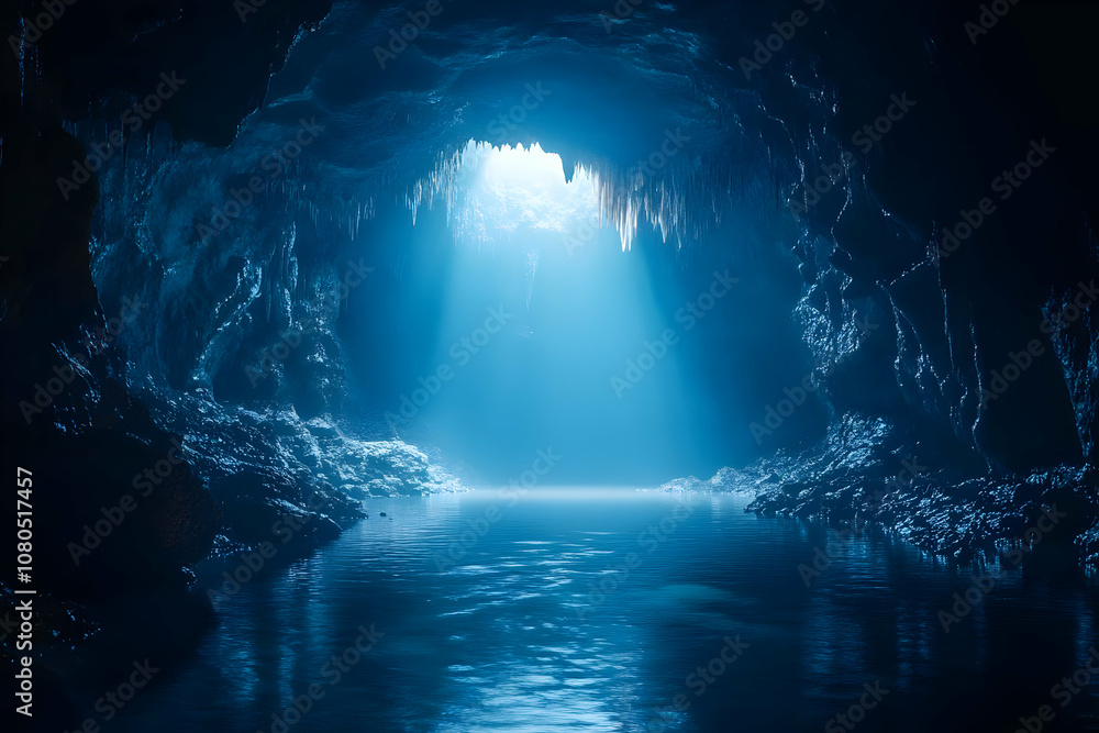 Illustration of Mystical Blue Cave with Stalactites and Water Illustration of Mystical Blue Cave with Stalactites and Water