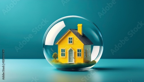 house inside a glass bubble on a light blue background, concept of home insurance and protection. Generative AI