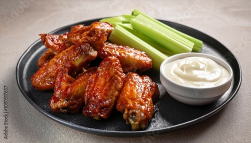sweet and spicy chicken wings with glaze served with celery sticks and ranch dressing
