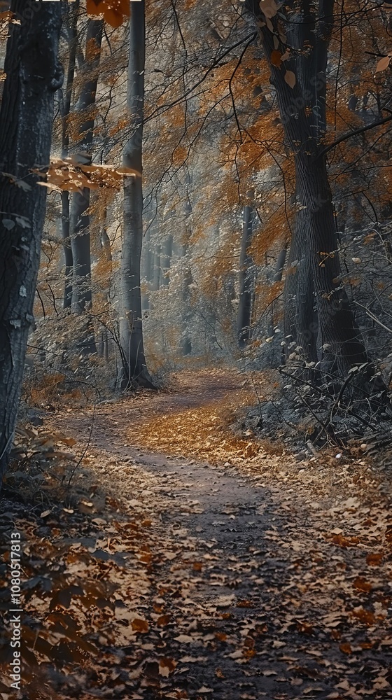 Fototapeta premium Forest path covered with autumn leaves, 4K hyperrealistic photo