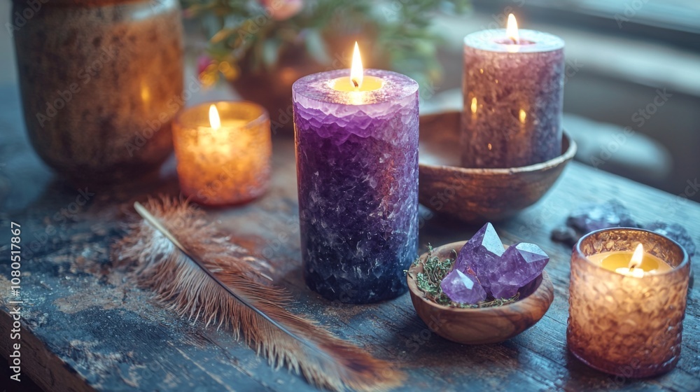 Mystical altar setup with spiritual elements on rustic surface Mystical altar setup with spiritual elements on rustic surface