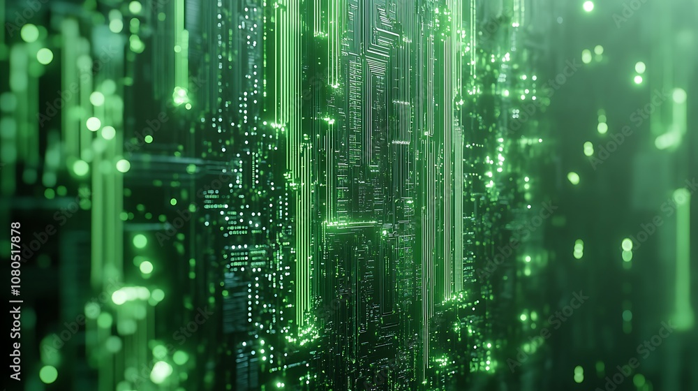 A futuristic digital landscape with glowing green circuitry and data streams. A futuristic digital landscape with glowing green circuitry and data streams.