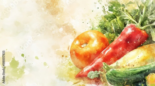 Colorful watercolor painting of fresh vegetables like tomato, pepper, and zucchini with a textured artistic background. photo