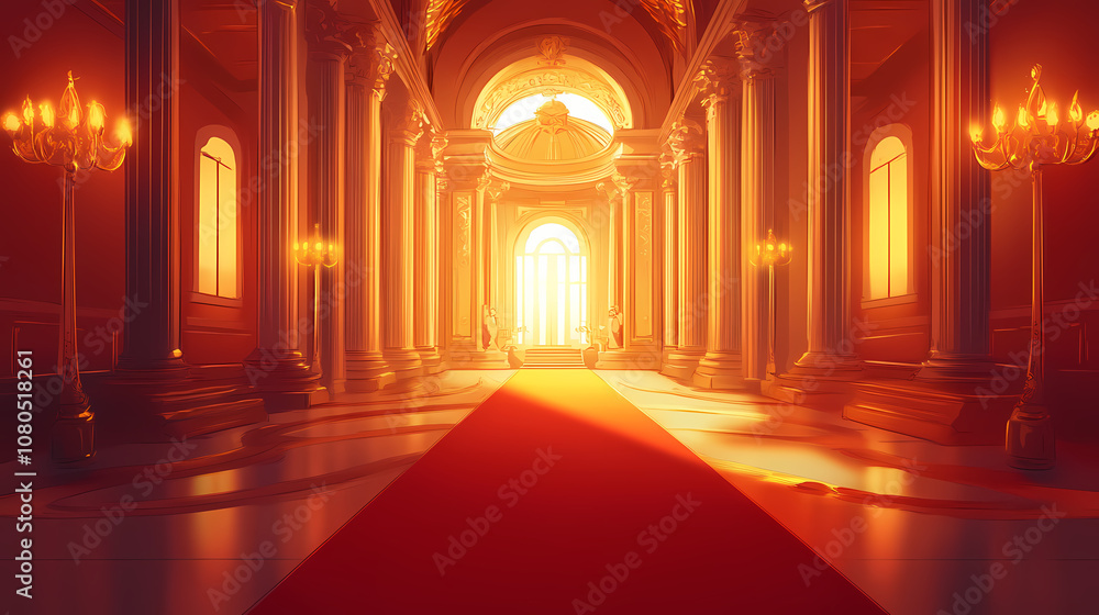 Red carpet entrance to an opulent hall with golden columns and bright lights. Opulent. Illustration Red carpet entrance to an opulent hall with golden columns and bright lights. Opulent. Illustration