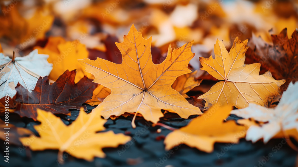 Close-up of colorful autumn leaves on the ground with focus on vibrant yellow and orange maple leaves Close-up of colorful autumn leaves on the ground with focus on vibrant yellow and orange maple leaves