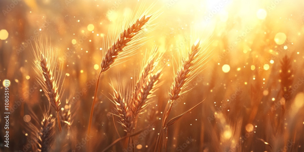 Fototapeta premium Close-up of golden wheat stalks in a sunlit field, capturing the beauty of agriculture and nature.