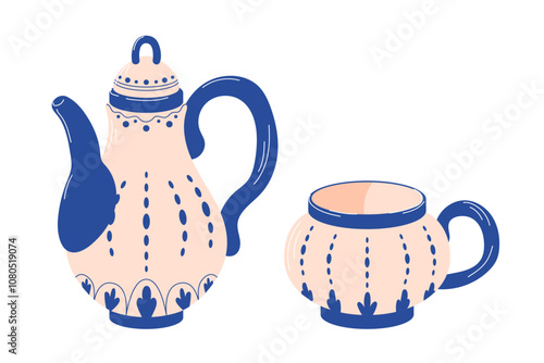 Pottery and porcelain small set in flat style. Ceramic teapot and cup in blue and beige for your interior design. Illustration isolated on white background.