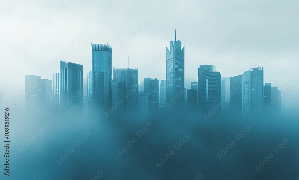 Fototapeta premium A skyline of tall buildings in a city emerges from a thick fog on a cloudy day