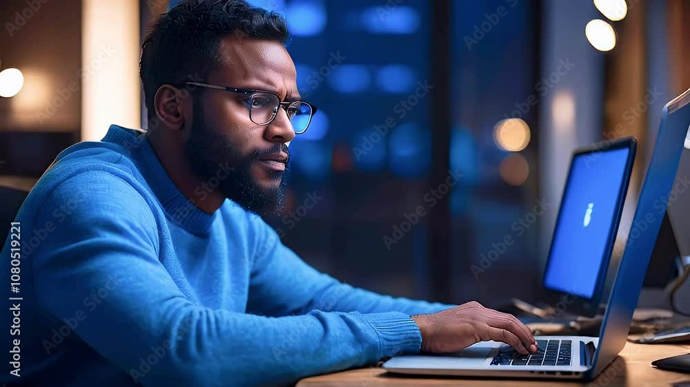 A man wearing glasses is working on a laptop at night. A man wearing glasses is working on a laptop at night.