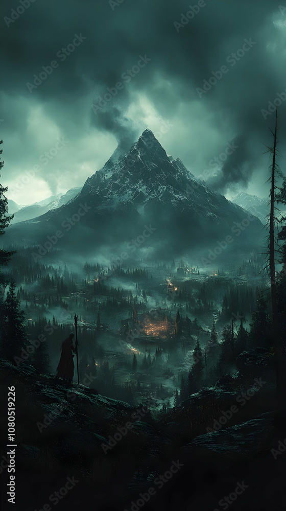 Fototapeta premium Dark Fantasy Illustration, Mountain, Forest, Wizard