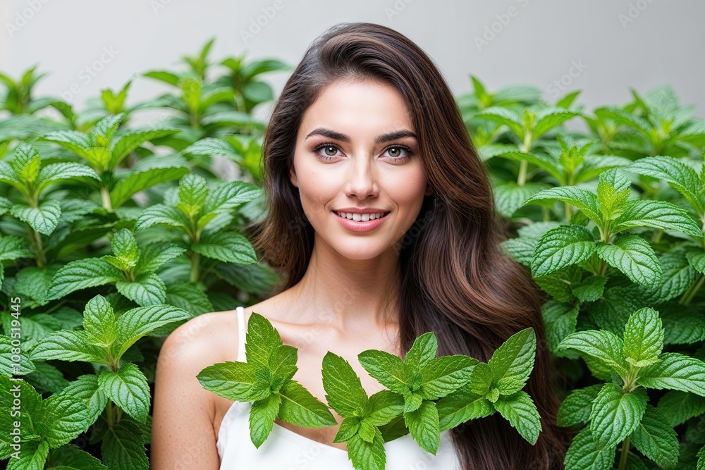 Radiant Young Woman Surrounded by Fresh Mint Leaves for a Refreshing Beauty Experience Radiant Young Woman Surrounded by Fresh Mint Leaves for a Refreshing Beauty Experience