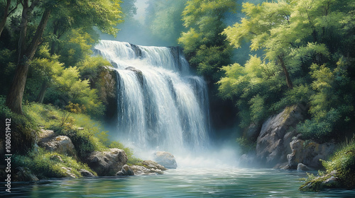 Realistic Painting Waterfall Forest River Nature Landscape Scenery Trees