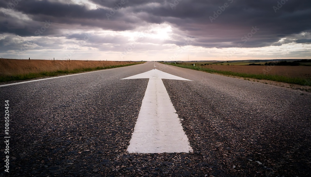 Naklejka premium Straight Road with an Arrow Painted on It Leading to the Horizon, stretching toward the horizon under a clear sky. The perspective creates a sense of direction and purpose, symbolizing a journey