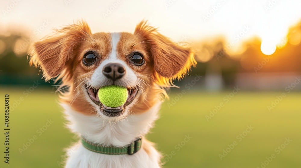A small, brown and white dog with big brown eyes holds a green tennis ball in its mouth and looks directly at the camera. The dog is outdoors on a grassy field with a blurry sunset in the background. A small, brown and white dog with big brown eyes holds a green tennis ball in its mouth and looks directly at the camera. The dog is outdoors on a grassy field with a blurry sunset in the background.